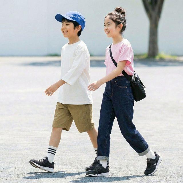 作例①　キッズシューズ：商品画像 → 兄妹のモデル着用シーン